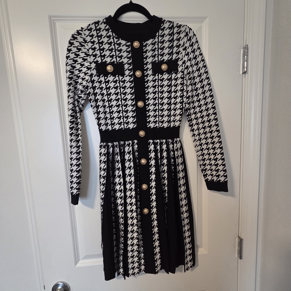 Black and White Houndstooth Dress with Gold Buttons